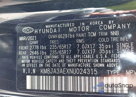 2022 Hyundai Tucson Se z USA, uszkodzony, nr VIN KM8JA3AEXNU024315